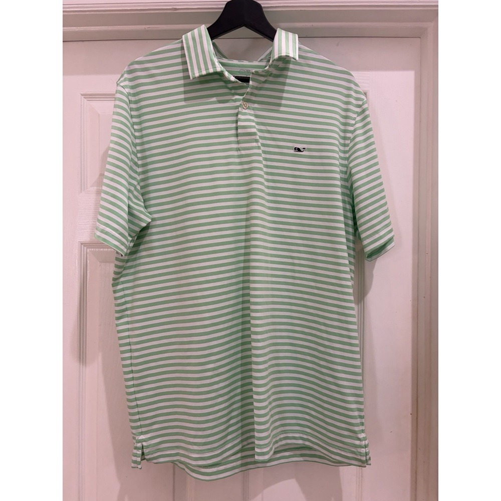 Vineyard Vines Performance Green & White Striped Polo Shirt - Size L